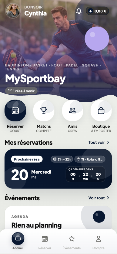 Écran d'accueil MySportbay avec réservations, événements et navigation