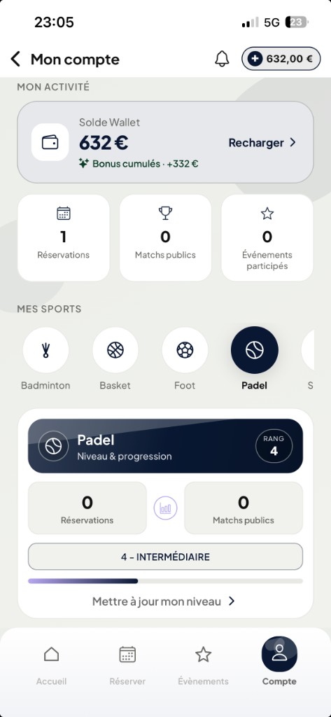 Écran Mon compte : wallet, activité, sports et niveau membre