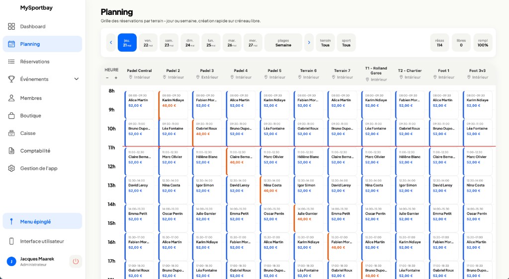 Interface de planning et réservations MySportbay
