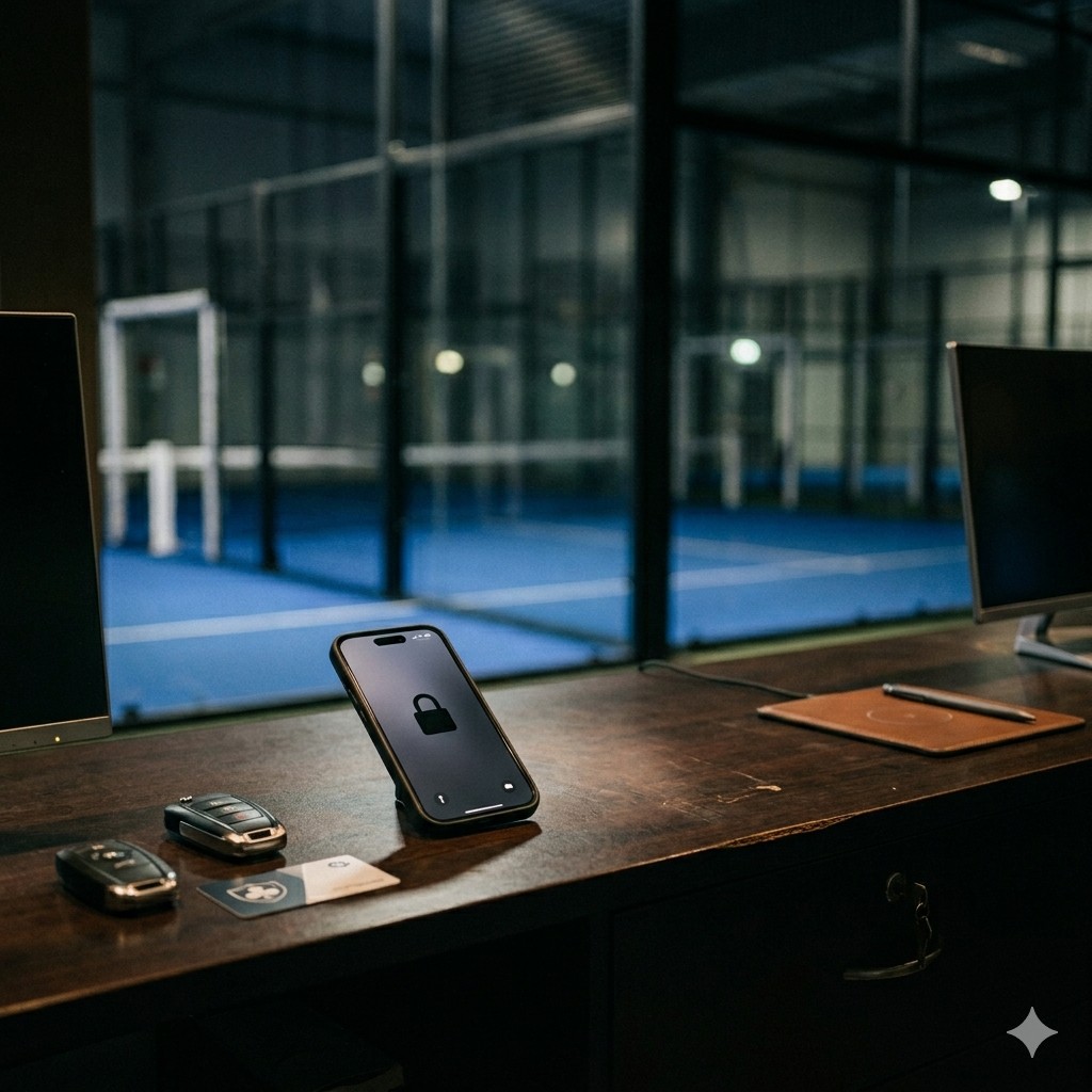 Accueil de club padel vide avec un téléphone verrouillé sur le comptoir