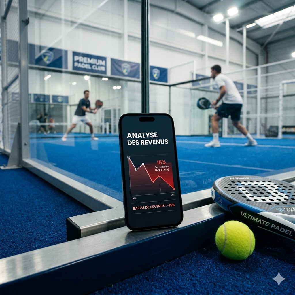 Smartphone sur un court de padel affichant une baisse de revenus liée aux commissions d'applis tierces