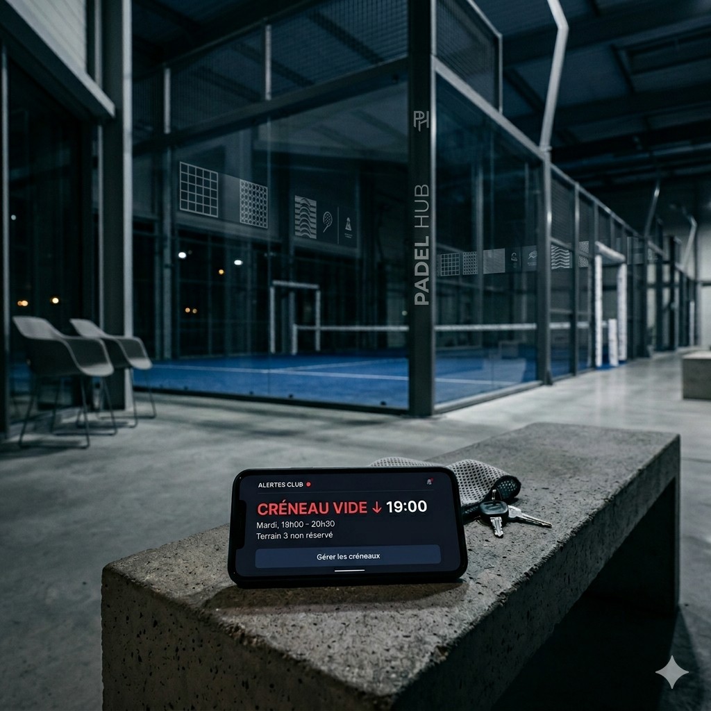 Téléphone sur un banc de club padel affichant une alerte créneau vide à 19 h