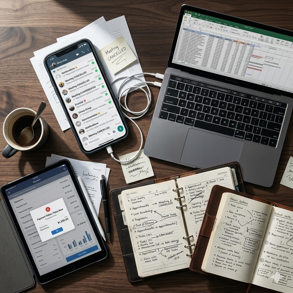 Bureau encombré : tableur Excel, WhatsApp, tablette avec paiement refusé et cahiers papier