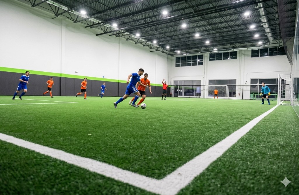 Match de foot 5 en salle sur terrain synthétique