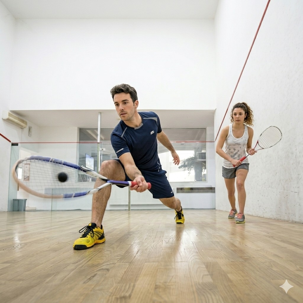 Joueur de squash en pleine action sur un court vitré